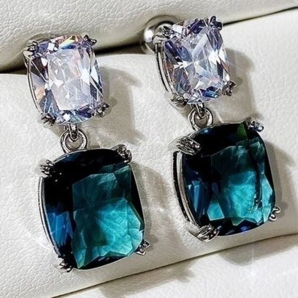 Peacock Blue Crystal Zircon Square Earrings – Glam Geometric Elegance - Picture 2 of 8
